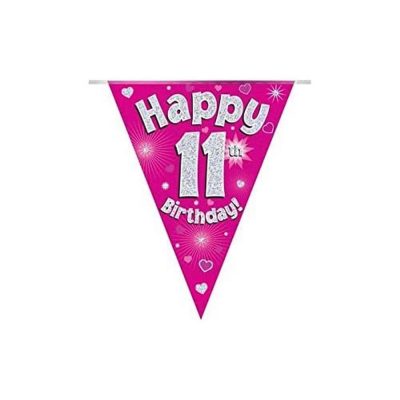 Party Bunting Happy 11th Birthday Pink Holographic 11 flags 3.9m