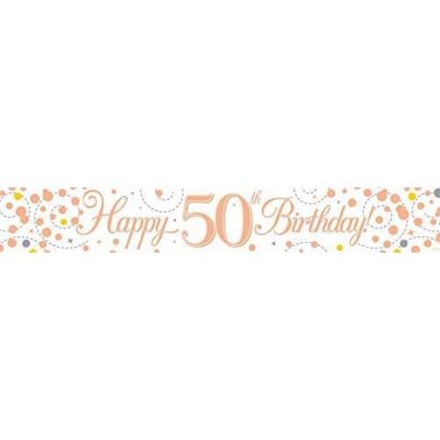 9ft Banner Sparkling Fizz 50th Birthday White & Rose Gold Holographic