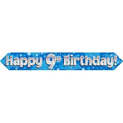 9ft Banner Happy 9th Birthday Blue holographic