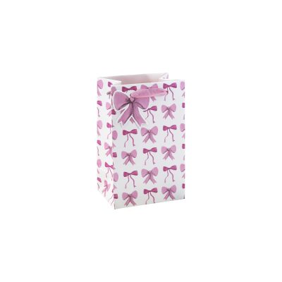 Eurowrap Present Bow Small Gift Bag with Ribbon Handles, Pink Bow Pattern Design, Matching Bow Gift Tag, Stylish Gift Bag for Mother’s Day and Birthday
