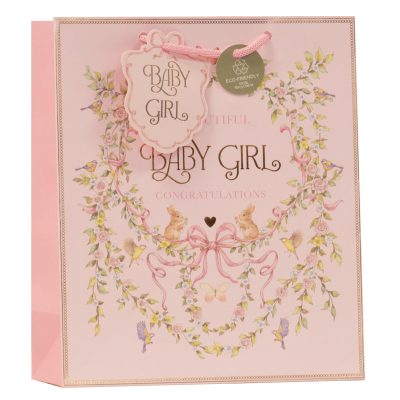 Design By Violet Baby Girl Medium Gift Bag – Decorative Paper Gift Bag with Ribbon Handles for Baby Shower, New Baby and Christening Gifts, Eco Friendly and 100% Recyclable
