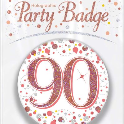 OakTree 3″ Badge 90th Birthday Sparkling Fizz Rose Gold Holographic