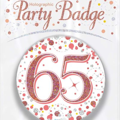 OakTree 3″ Badge 65th Birthday Sparkling Fizz Rose Gold Holographic
