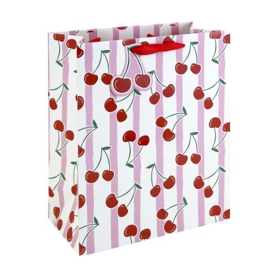 Eurowrap Cherry Stripe Large Gift Bag – Red Cherry Present Bag with Pink & White Stripes, Spot UV Finish & Ribbon Handles – Gift Bag for Girls, Women, Birthday, Mother’s Day & Valentine’s Day