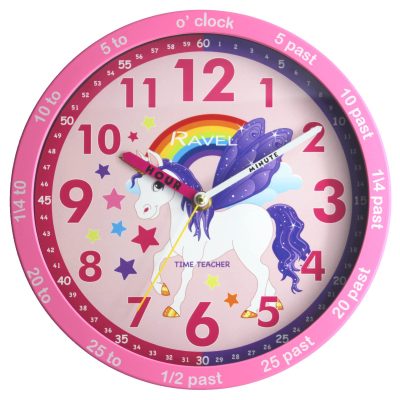 Ravel Children’s 25cm Time Teacher Wall Clock – R.KC.10 – Analogue Quartz – Pink Unicorn/Pink Dial