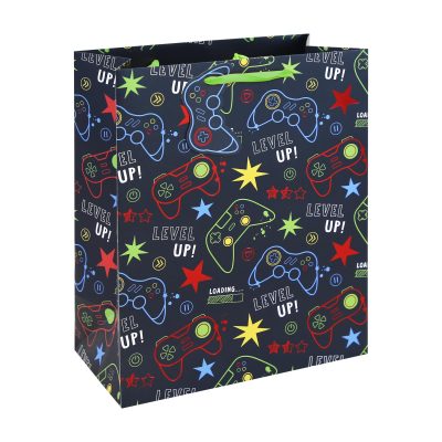 Eurowrap Level Up Large Gift Bag – Gaming Present Bag with Neon Controller Artwork, Foil Finish, Ribbon Handles & Gift Tag – Birthday & Celebration Gift Packaging for Gamers