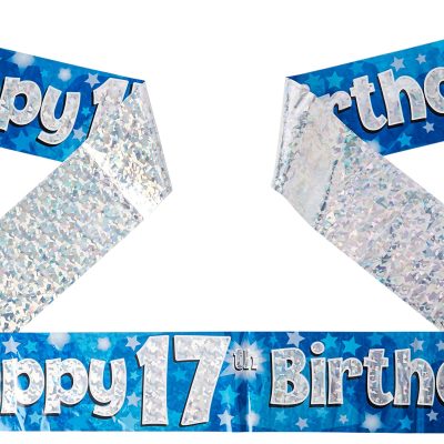 9ft Banner Happy 17th Birthday Blue Holographic