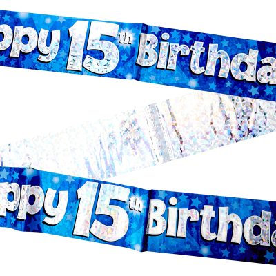 9ft Banner Happy 15th Birthday Blue Holographic