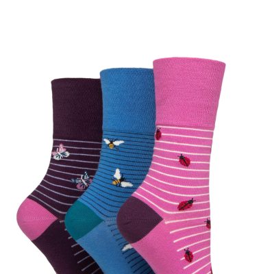 SockShop Gentle Grip Ladies Fun Feet Non-Binding Honeycomb Gentle Top Novelty Patterned Socks in a Multipack of 3 Assorted Colours Size 4-8 Beautiful Bugs