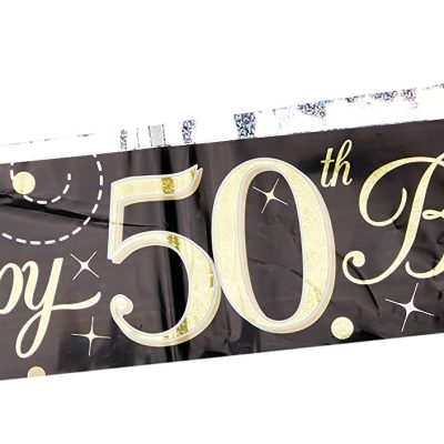 9ft Banner Sparkling Fizz 50th Birthday Black & Gold Holographic