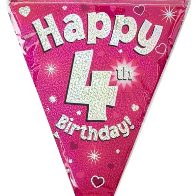 Party Bunting Happy 4th Birthday Pink Holographic 11 Flags 3.9m